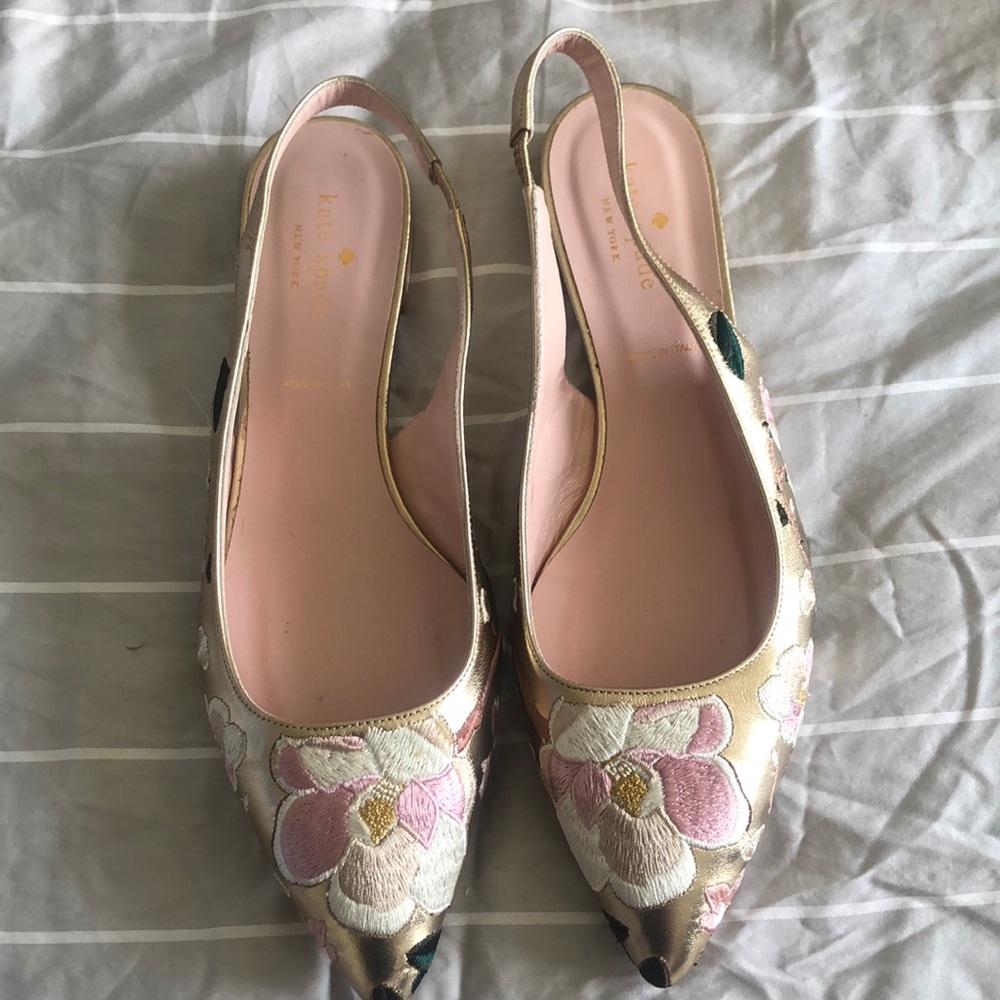 Kate Spade Gold Embroidered Slingback Flats